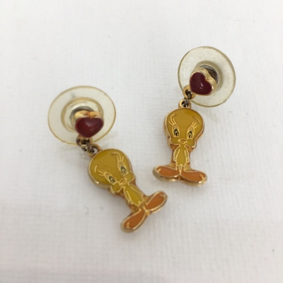 Vintage Tweety Bird Heart Enamel Earrings Gold Pierced Dangle By WB Foster Grant - Picture 11 of 11